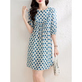 Womens Geometric Print Silk Mini Dress with Ruffle Detail